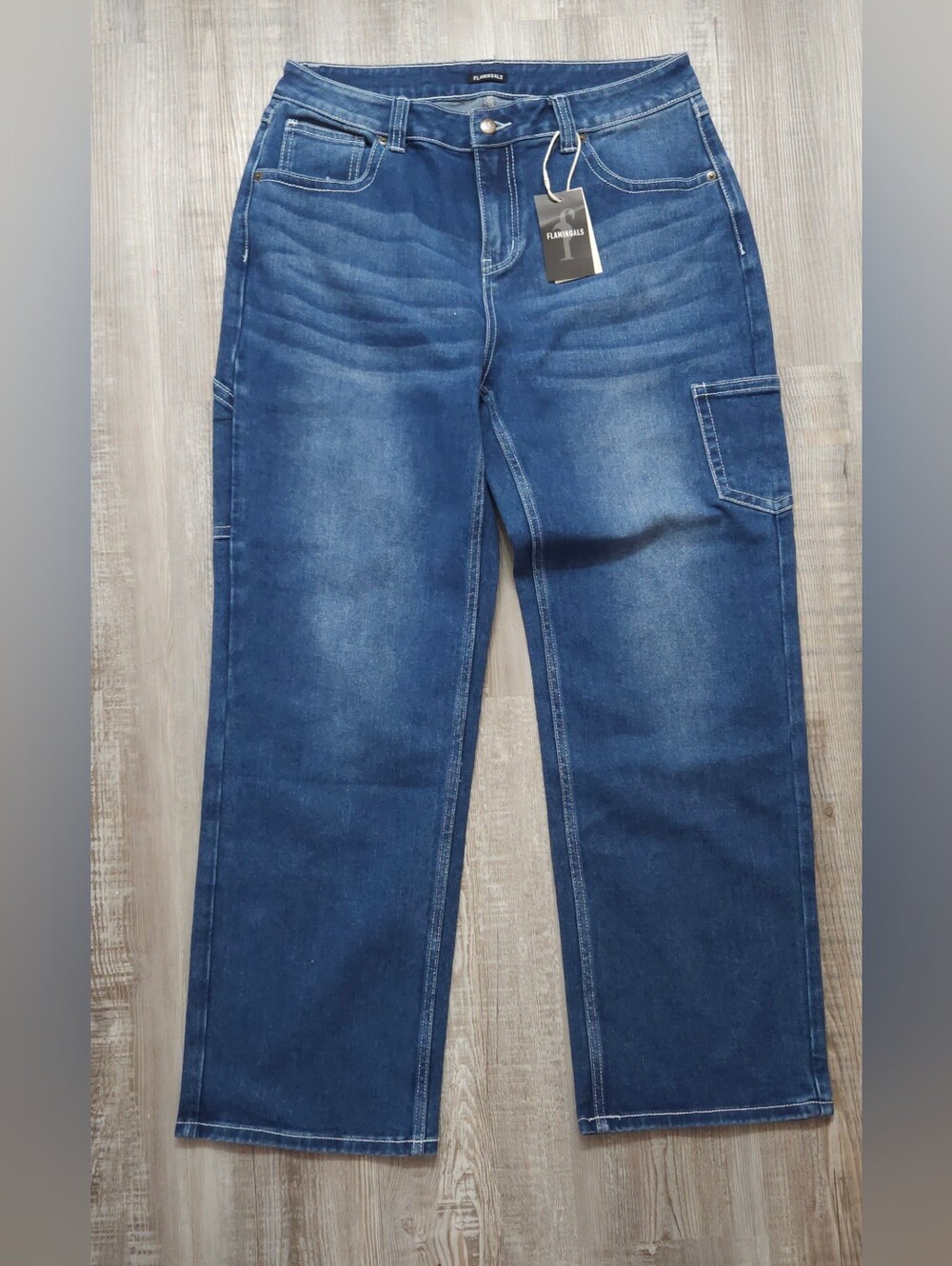 Womens Straight Leg Blue Jeans With Cargo Side Pockets